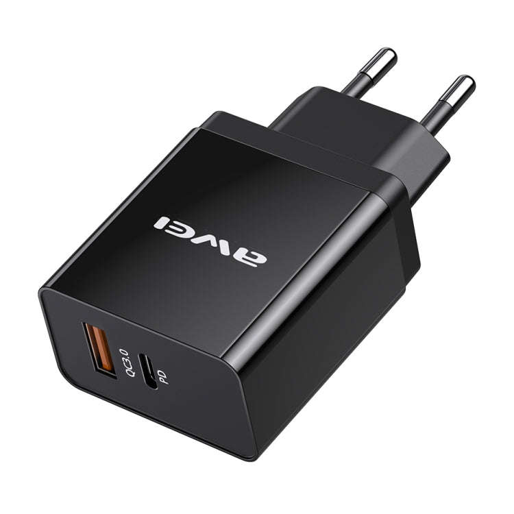 awei C-980 18W PD USB-C / Type-C + QC 3.0 USB Interface Fast Charging Travel Charger, EU Plug(Black)