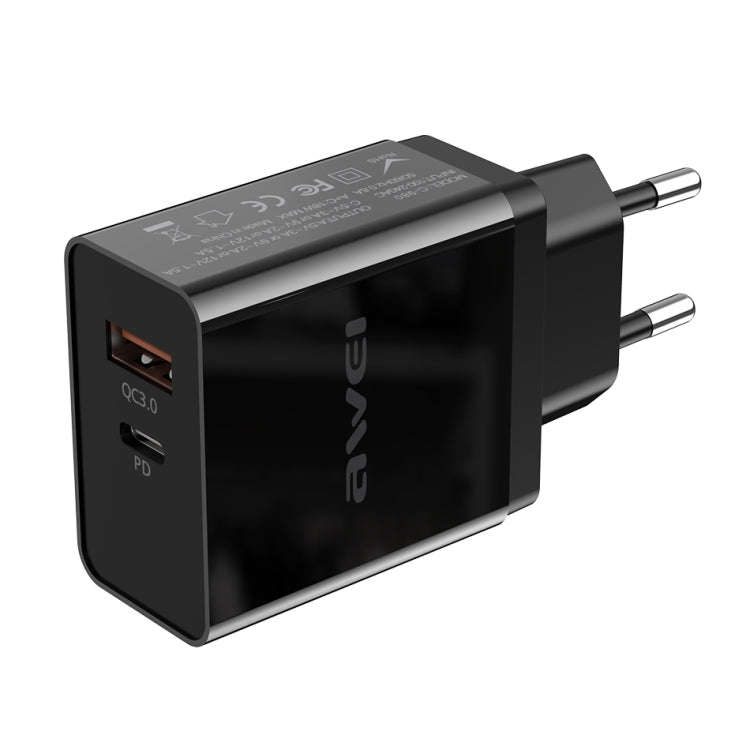 awei C-980 18W PD USB-C / Type-C + QC 3.0 USB Interface Fast Charging Travel Charger, EU Plug(Black)