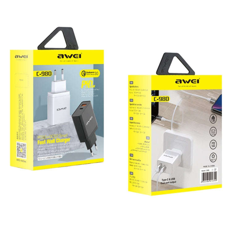 awei C-980 18W PD USB-C / Type-C + QC 3.0 USB Interface Fast Charging Travel Charger, EU Plug(Black)