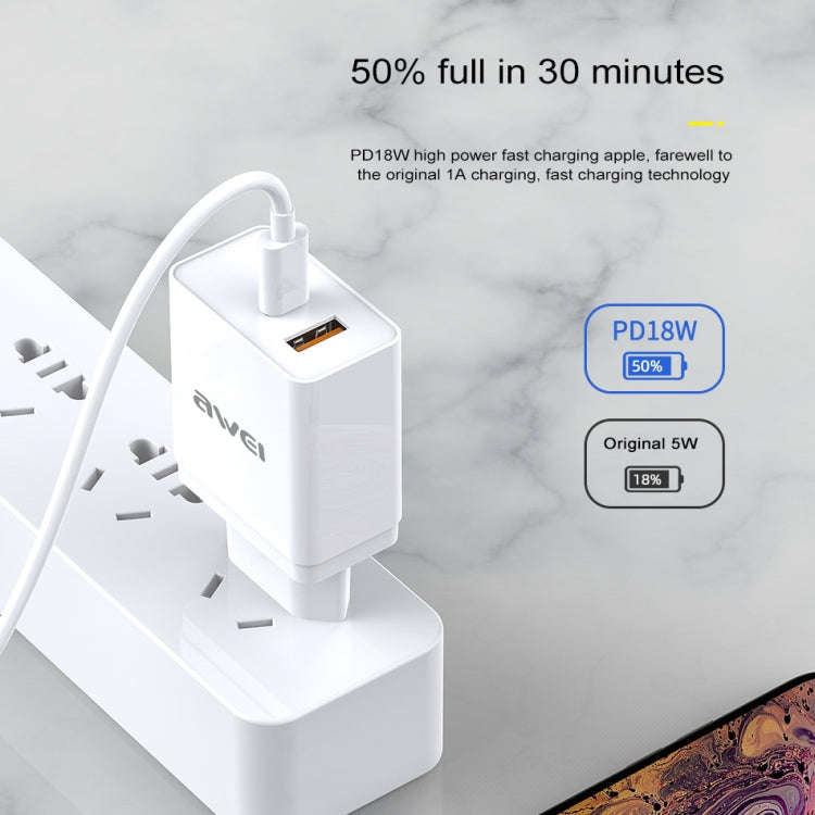awei C-980 18W PD USB-C / Type-C + QC 3.0 USB Interface Fast Charging Travel Charger, EU Plug(Black)