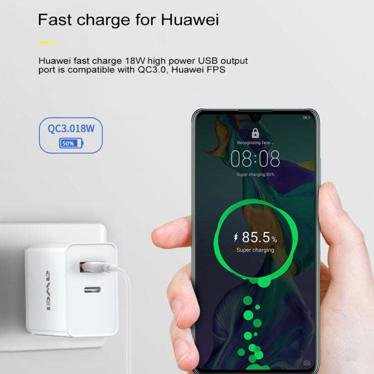 awei C-980 18W PD USB-C / Type-C + QC 3.0 USB Interface Fast Charging Travel Charger, EU Plug(Black)