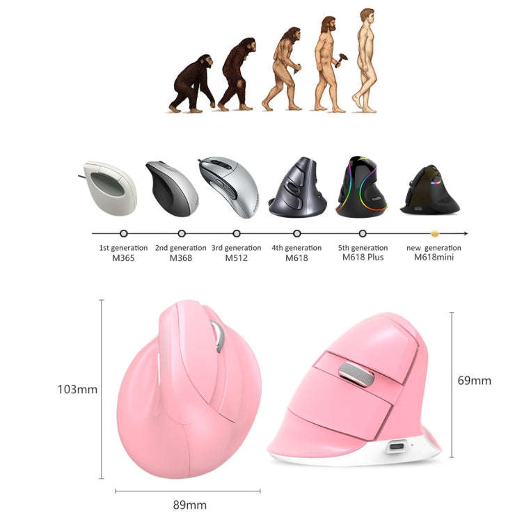 DELUX M618 Mini 2.4G Wireless 2400DPI USB Rechargeable Ergonomic Vertical Mouse (Pink)