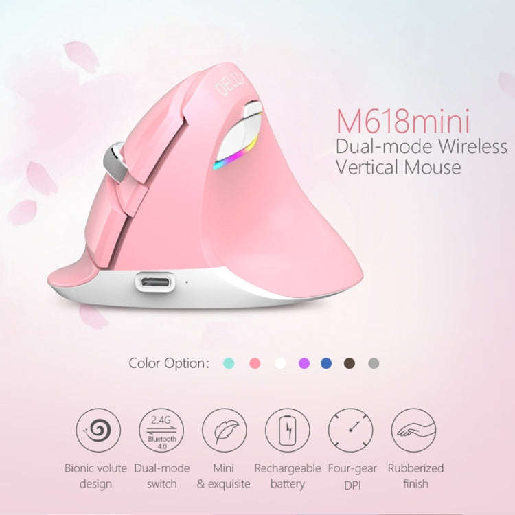DELUX M618 Mini 2.4G Wireless 2400DPI USB Rechargeable Ergonomic Vertical Mouse (Pink)