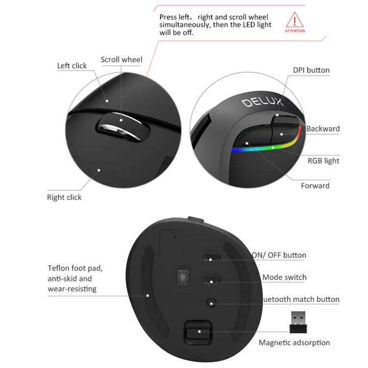 DELUX M618 Mini 2.4G Wireless 2400DPI USB Rechargeable Ergonomic Vertical Mouse(Grey)