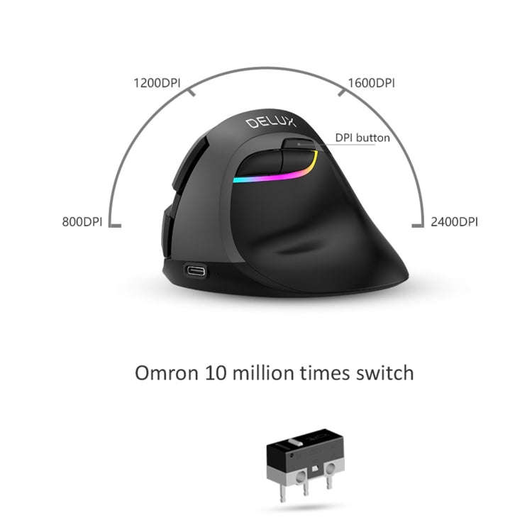 DELUX M618 Mini 2.4G Wireless 2400DPI USB Rechargeable Ergonomic Vertical Mouse(Grey)