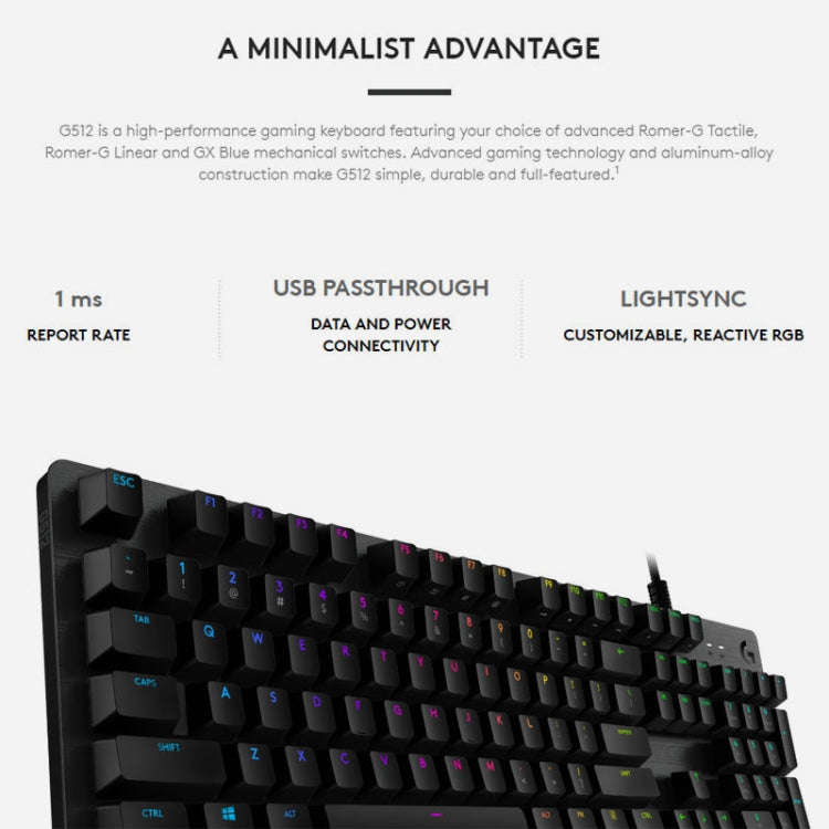 Logitech G512 RGB C-axis Mechanical Wired Gaming Keyboard, Length: 1.8m (Black)