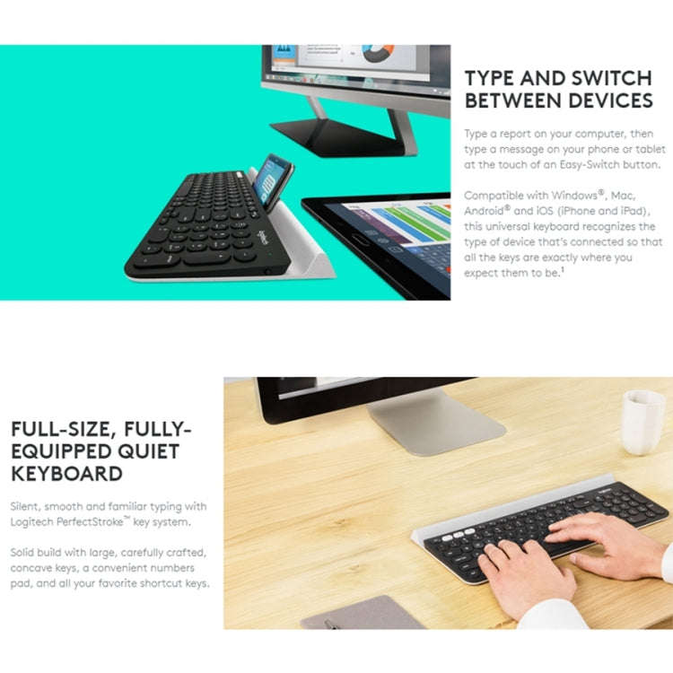 Logitech K780 Multi-device Bluetooth + Unifying Dual Mode Wireless Keyboard with Stand (Black)