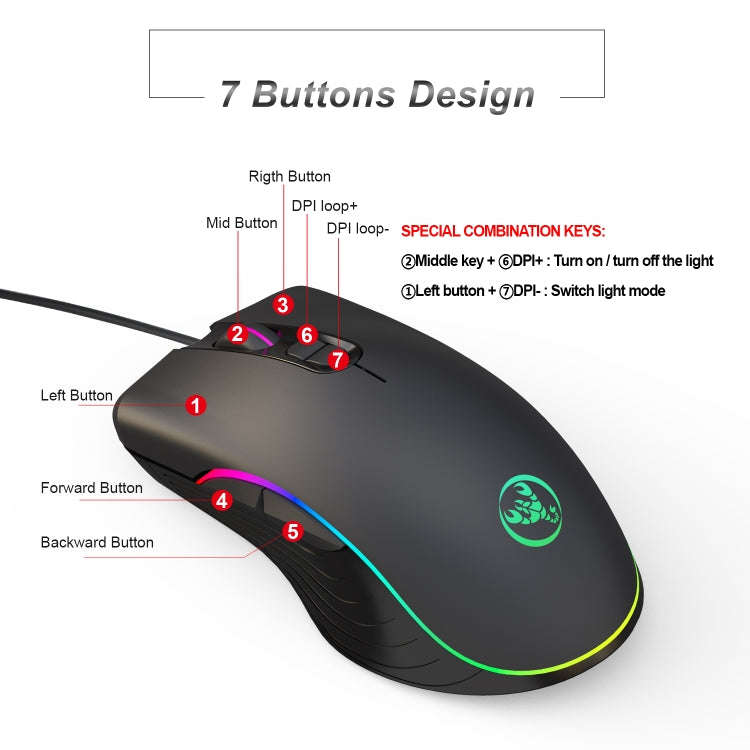 HXSJ A867 USB 6400DPI Four-speed Adjustable RGB Illuminate Wired E-sport Gaming Mouse, Length: 1.5m