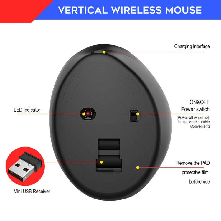 HXSJ T31 2.4GHz 2400DPI Three-speed Adjustable 7-keys Rechargeable Vertical Wireless Optical Mouse