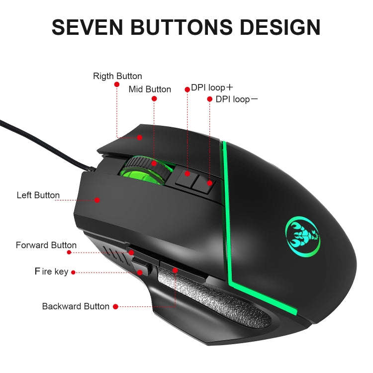 HXSJ A876 Wired Mouse Colorful Synchronous Light Emission 6400dpi Adjustable Light Gaming Mouse, ...