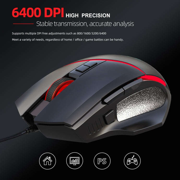 HXSJ A876 Wired Mouse Colorful Synchronous Light Emission 6400dpi Adjustable Light Gaming Mouse, ...