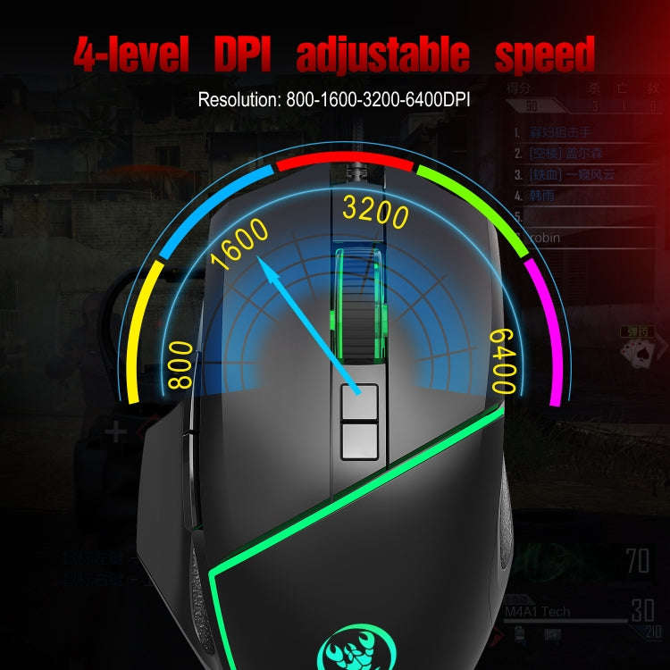 HXSJ A876 Wired Mouse Colorful Synchronous Light Emission 6400dpi Adjustable Light Gaming Mouse, ...