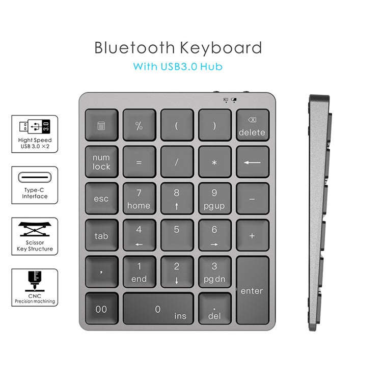 N970 Pro Dual Modes Aluminum Alloy Rechargeable Wireless Bluetooth Numeric Keyboard with USB HUB ...