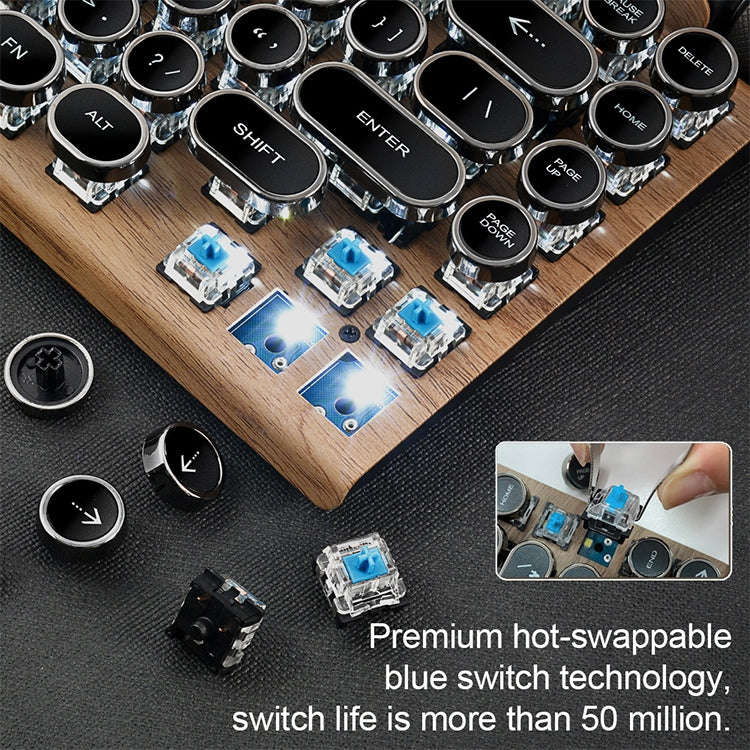 TW1867 Round Retro Punk Keycap Mechanical Wireless Bluetooth Keyboard (Black)