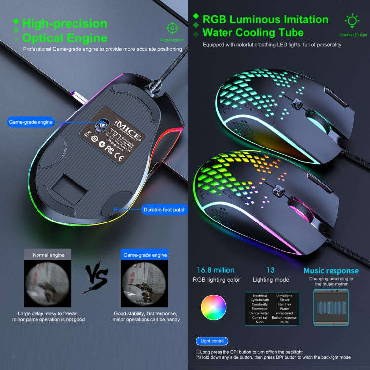 iMICE T97 Gaming Mouse RGB LED Light USB 7 Buttons 7200 DPI Wired Gaming Mouse (Black)