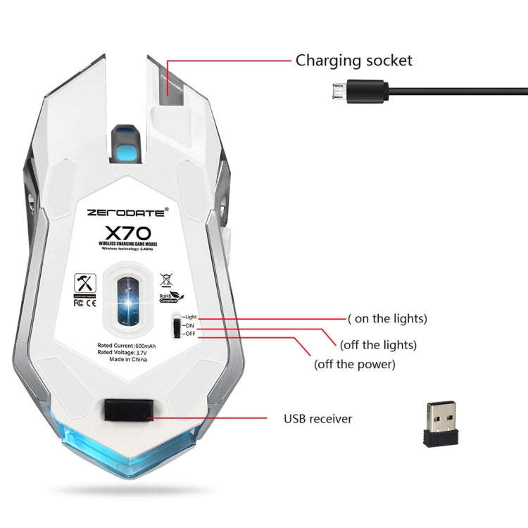 ZERODATE X70 2.4GHz Wireless 6-Keys 2400 DPI Adjustable Ergonomics Optical Gaming Mouse with Brea...