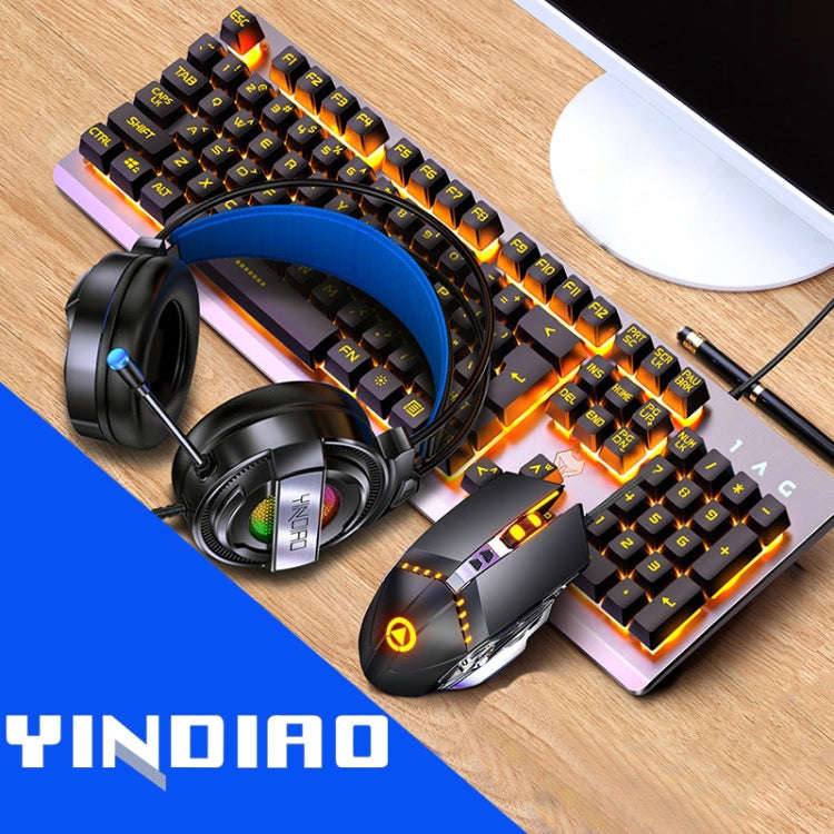 YINDIAO K002 USB Wired Mechanical Feel Orange Backlight Keyboard + Optical Mouse + Headset Set(Bl...