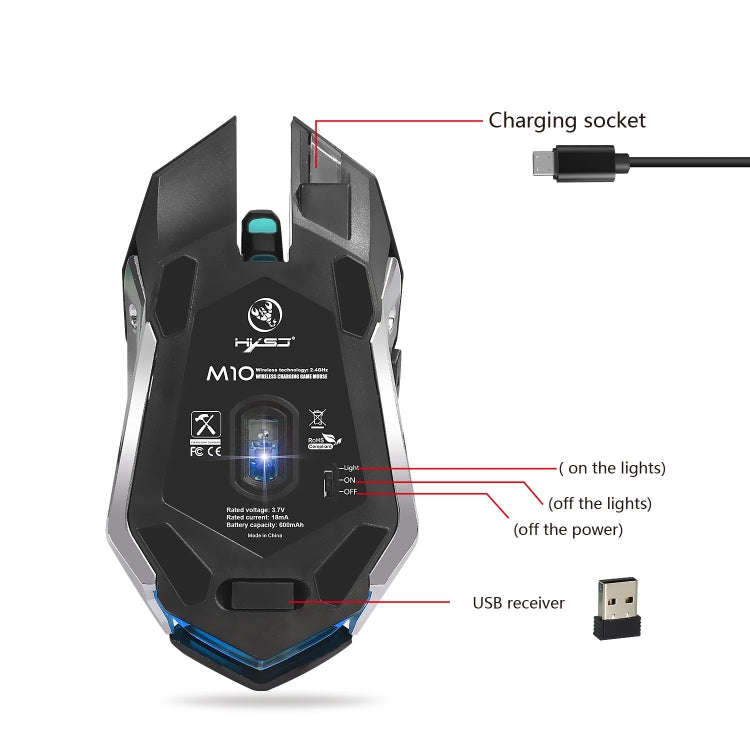 HXSJ M10 2.4GHz 6-keys USB Rechargeable Colorful Lighting Ergonomic 2400DPI Wireless Optical Gami...