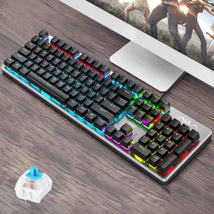 AULA S2016 104-keys Square Key Cap Mixing Light Mechanical Blue Switch Metal Panel Wired USB Gami...