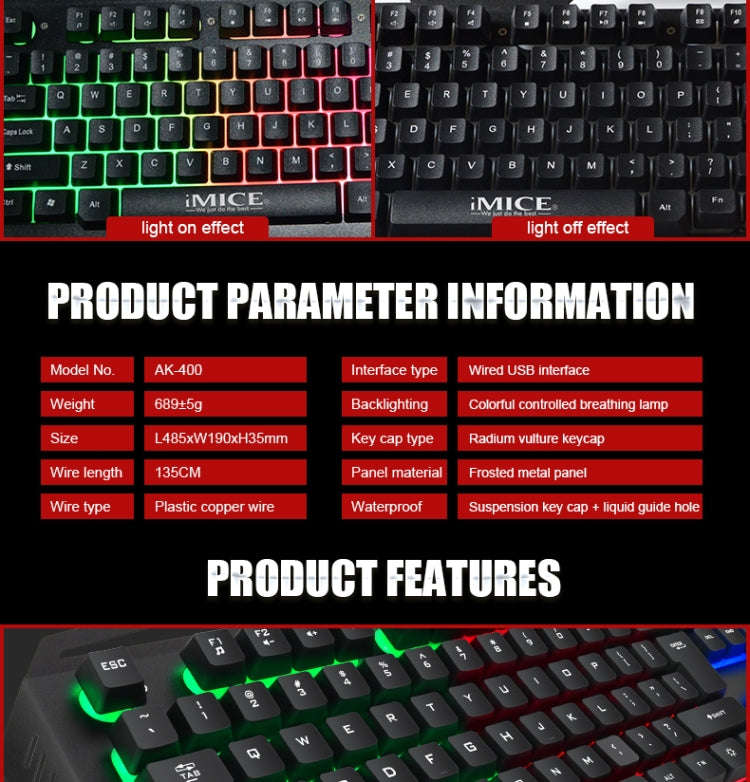 iMICE AK-400 USB Interface 104 Keys Wired Colorful Backlight Gaming Keyboard for Computer PC Lapt...