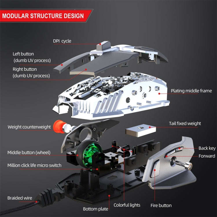 HXSJ J200 7 Keys Programmable Wired E-sports Mechanical Mouse with Light (Silver Grey)