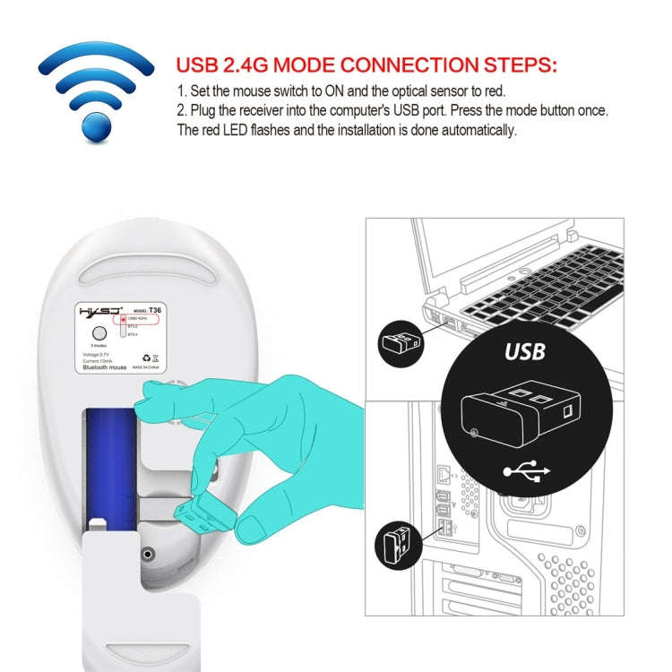HXSJ T36 2.4G Bluetooth 5.0+3.0 Three-mode Silent Design Wireless Bluetooth Mouse (Silver)