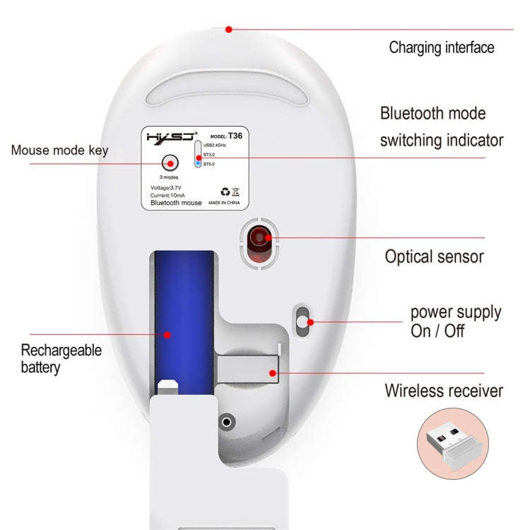 HXSJ T36 2.4G Bluetooth 5.0+3.0 Three-mode Silent Design Wireless Bluetooth Mouse (Silver)