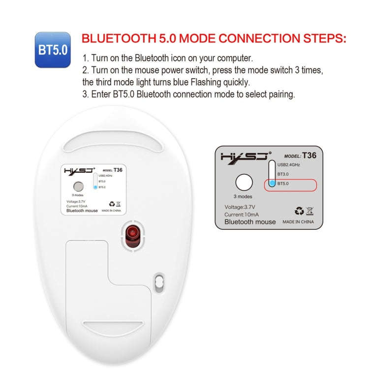 HXSJ T36 2.4G Bluetooth 5.0+3.0 Three-mode Silent Design Wireless Bluetooth Mouse (Silver)