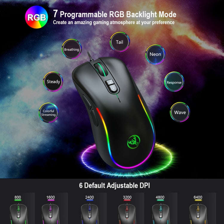 HXSJ J300 7 Keys RGB Lighting Programmable Gaming Wired Mouse(Black)