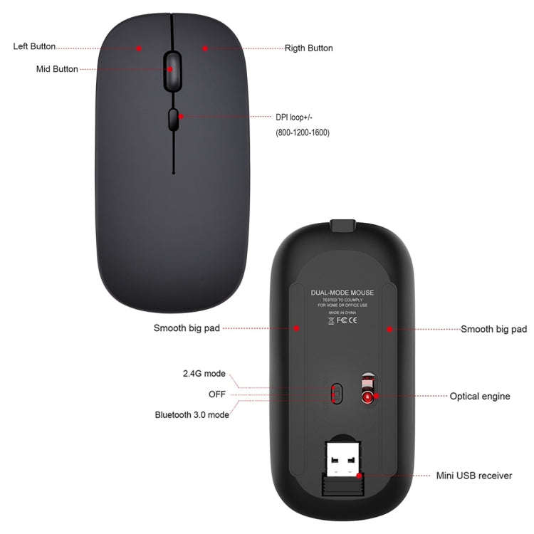 HXSJ M90 2.4GHz Ultrathin Mute Rechargeable Dual Mode Wireless Bluetooth Notebook PC Mouse(Black)