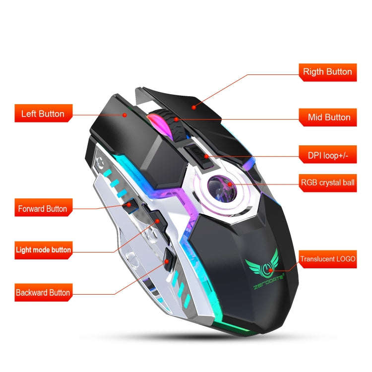 ZERODATE T30 2.4GHz 2400DPI Three-speed Adjustable RGB Backlight Wireless Optical Mouse(Grey)