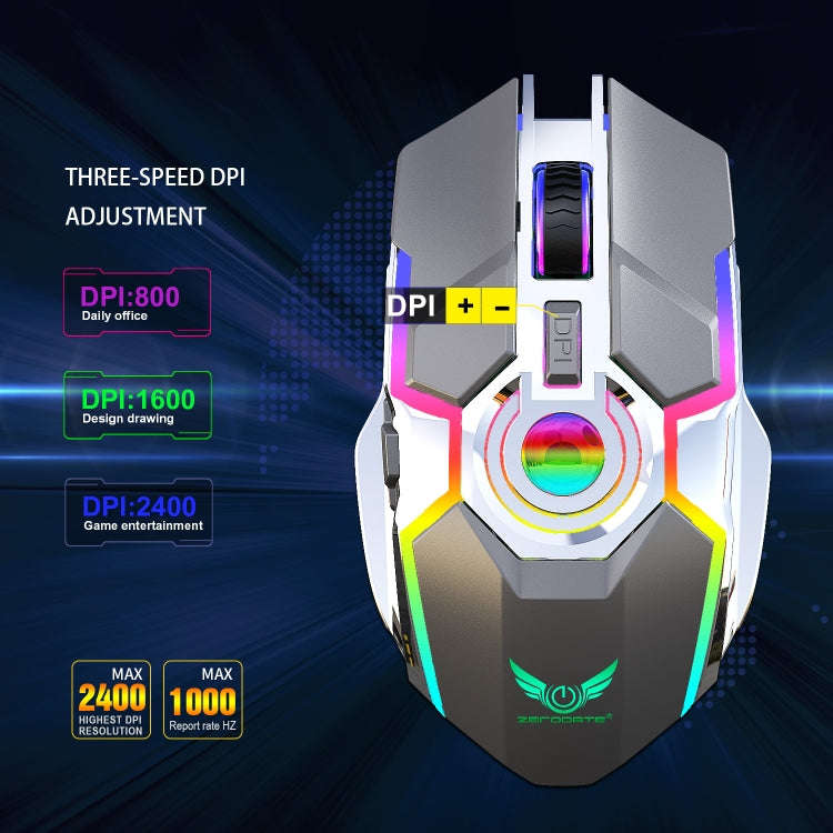 ZERODATE T30 2.4GHz 2400DPI Three-speed Adjustable RGB Backlight Wireless Optical Mouse(Grey)