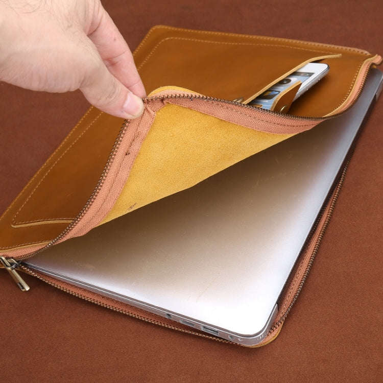 11.6 inch Genuine Leather Zipper Laptop Tablet Bag, For Macbook, Samsung, Lenovo, Sony, DELL Alie...