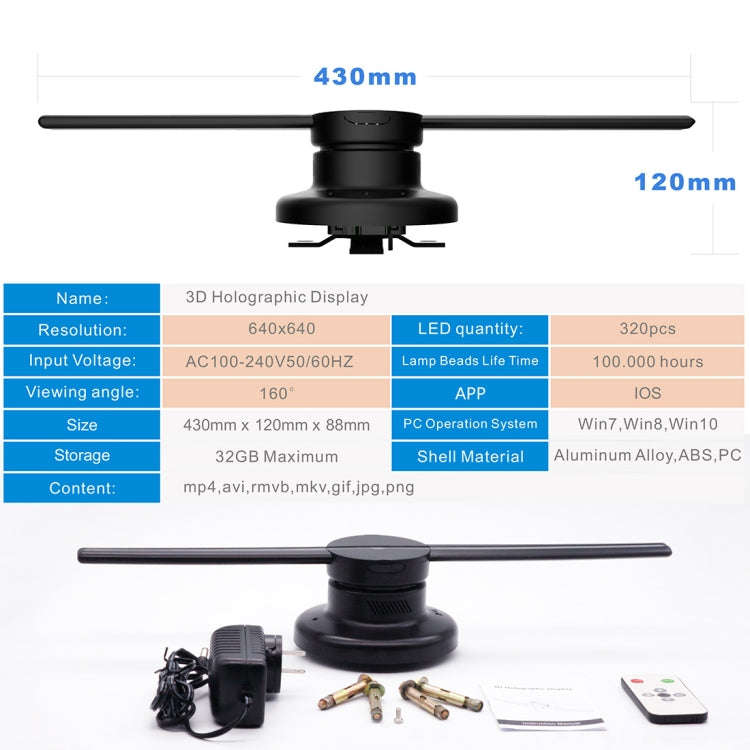 42cm Diameter 3D Holographic Display, WiFi App Control, 640 x 640 Pixels Resolution 320 LEDs Bill...