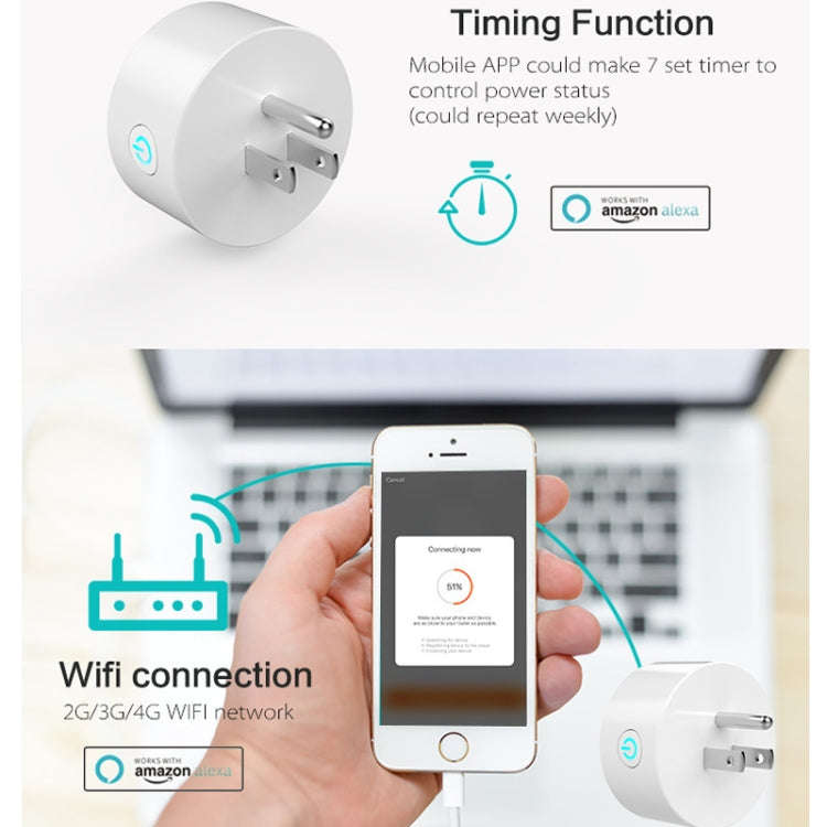 10A Round Shape WiFi Mini Plug APP Remote Control Timing Smart Socket Works with Alexa & Google H...