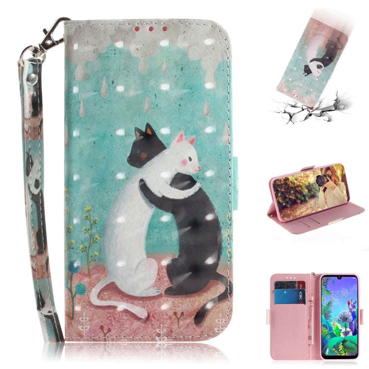 3D Painting Black White Cat Pattern Coloured Drawing Horizontal Flip Leather Case for LG Q60, wit...