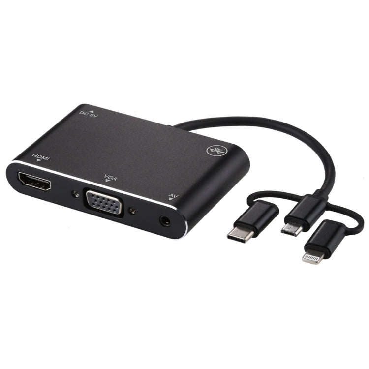 3 in 1 8 Pin + Micro USB + Type-C to AV + HDMI + VGA 15 Pin HD Screen Player Adapter Converter wi...