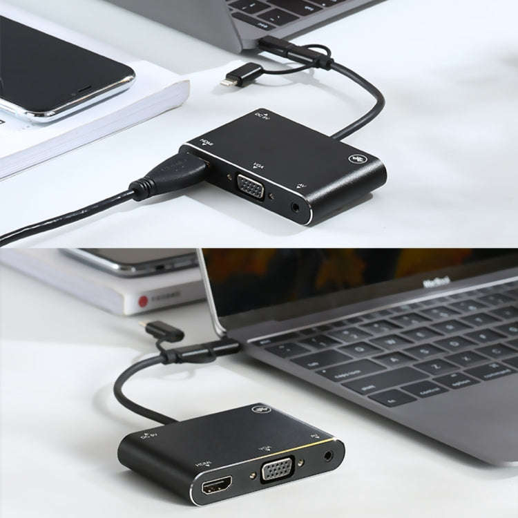 3 in 1 8 Pin + Micro USB + Type-C to AV + HDMI + VGA 15 Pin HD Screen Player Adapter Converter wi...