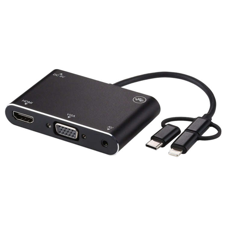 3 in 1 8 Pin + Micro USB + Type-C to AV + HDMI + VGA 15 Pin HD Screen Player Adapter Converter wi...