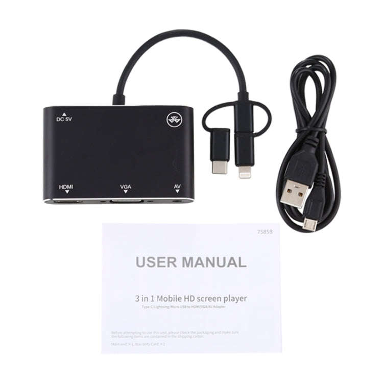 3 in 1 8 Pin + Micro USB + Type-C to AV + HDMI + VGA 15 Pin HD Screen Player Adapter Converter wi...