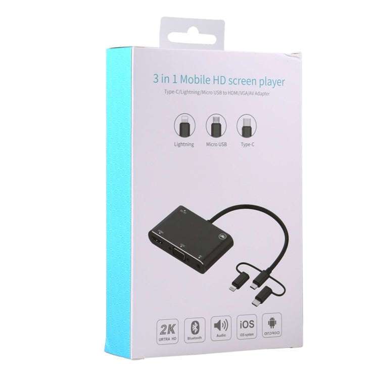 3 in 1 8 Pin + Micro USB + Type-C to AV + HDMI + VGA 15 Pin HD Screen Player Adapter Converter wi...