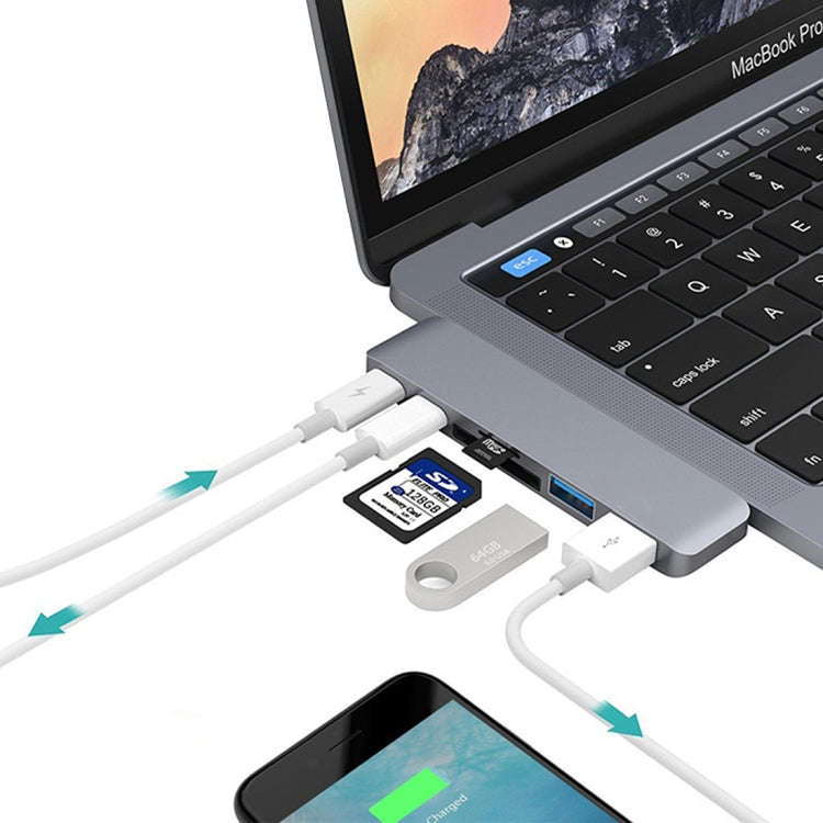 6 in 1 Multi-function Aluminium Alloy 5Gbps Transfer Rate Dual USB-C / Type-C HUB Adapter with 2 ...