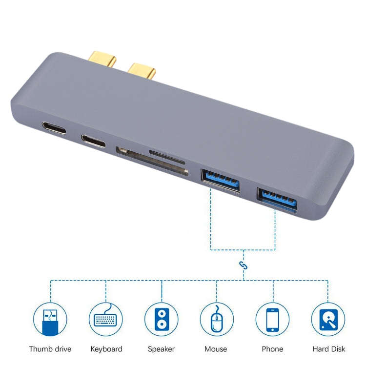 6 in 1 Multi-function Aluminium Alloy 5Gbps Transfer Rate Dual USB-C / Type-C HUB Adapter with 2 ...