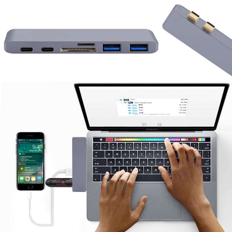 6 in 1 Multi-function Aluminium Alloy 5Gbps Transfer Rate Dual USB-C / Type-C HUB Adapter with 2 ...