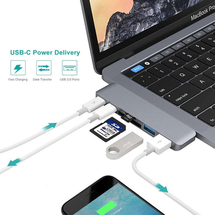 6 in 1 Multi-function Aluminium Alloy 5Gbps Transfer Rate Dual USB-C / Type-C HUB Adapter with 2 ...