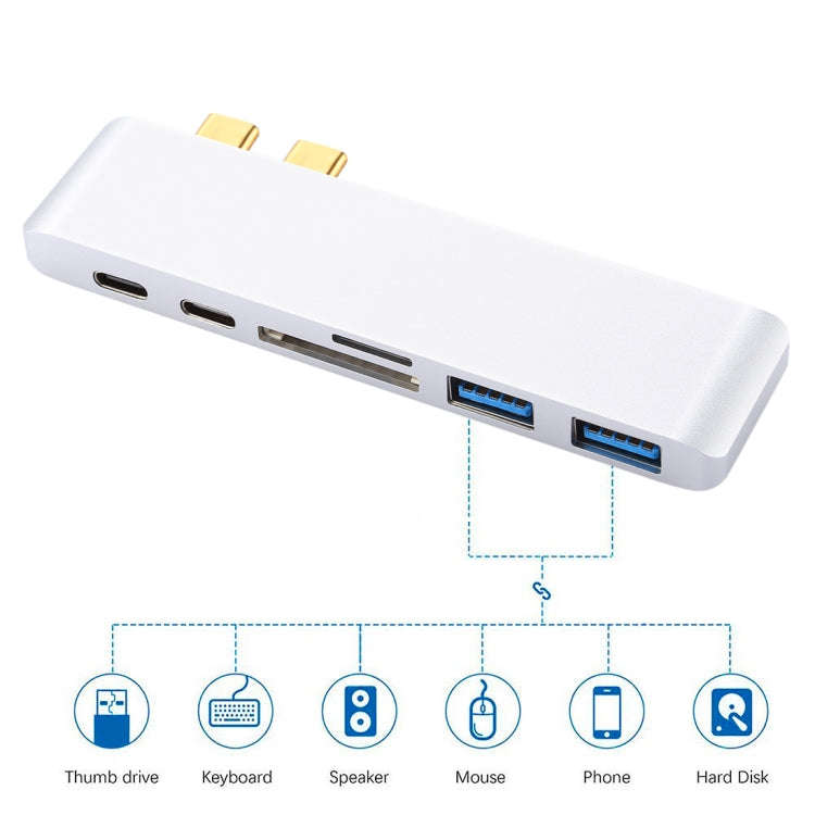 6 in 1 Multi-function Aluminium Alloy 5Gbps Transfer Rate Dual USB-C / Type-C HUB Adapter with 2 ...