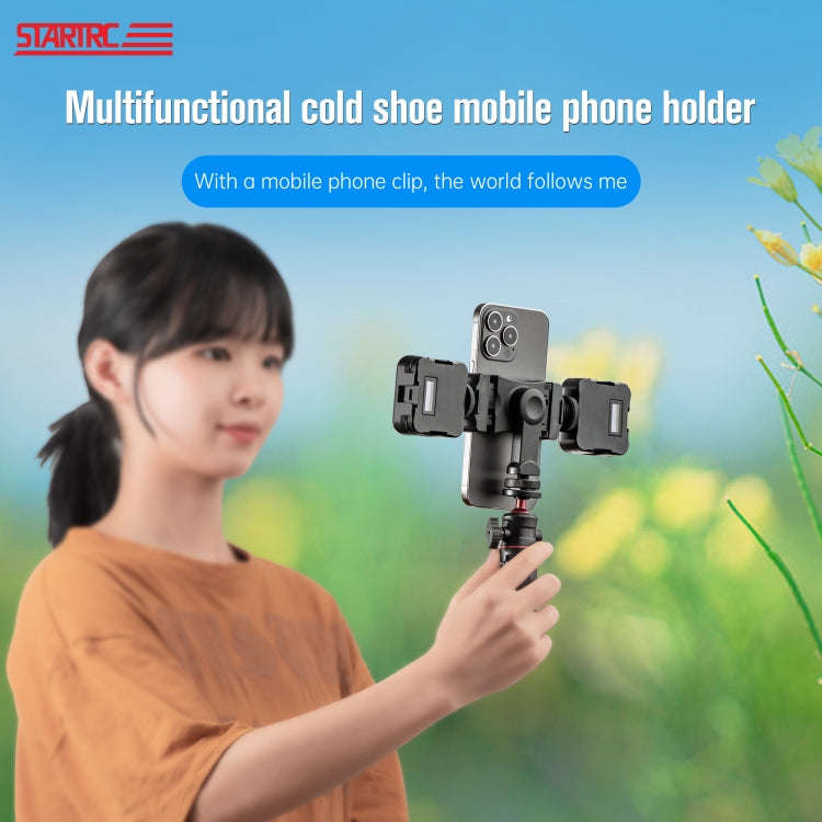 STARTRC 1/4 inch Tripod Stand Dual Cold Shoe Phone Clamp, 6cm - 9cm Width Smartphones(Black)