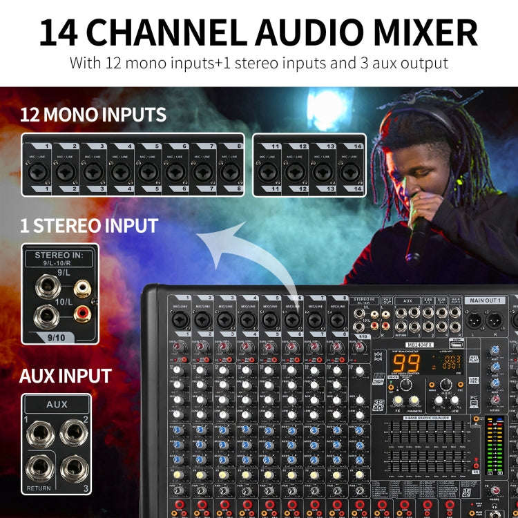 XTUGA B1404FX 14 Channels Bluetooth Audio Mixer Digital DJ Controller Sound Mixing Console (EU Plug)