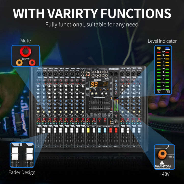 XTUGA B1404FX 14 Channels Bluetooth Audio Mixer Digital DJ Controller Sound Mixing Console (EU Plug)