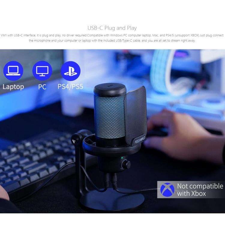 FEELWORLD VM1 USB Condenser Gaming Microphone for Streaming Noise Cancellation Mute RGB Light Des...